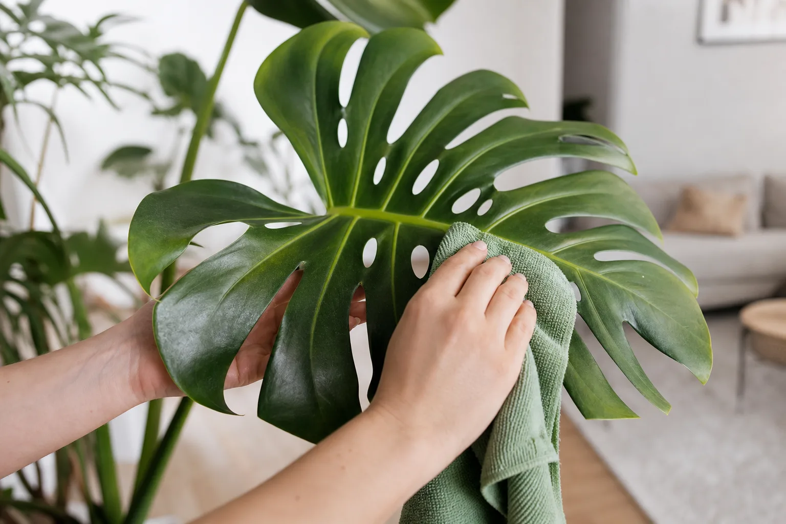 A hand supports a broad Monstera leaf while a soft cloth wipes its surface.