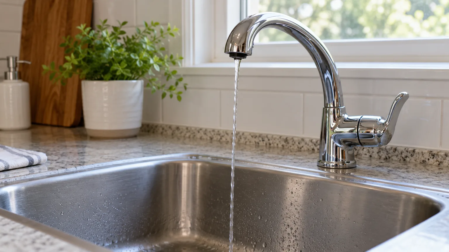A kitchen faucet producing a narrow, weak stream into a clean sink