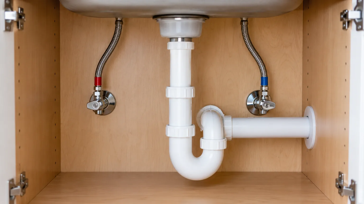 Two braided faucet supply hoses and shutoff valves visible inside a clean sink cabinet