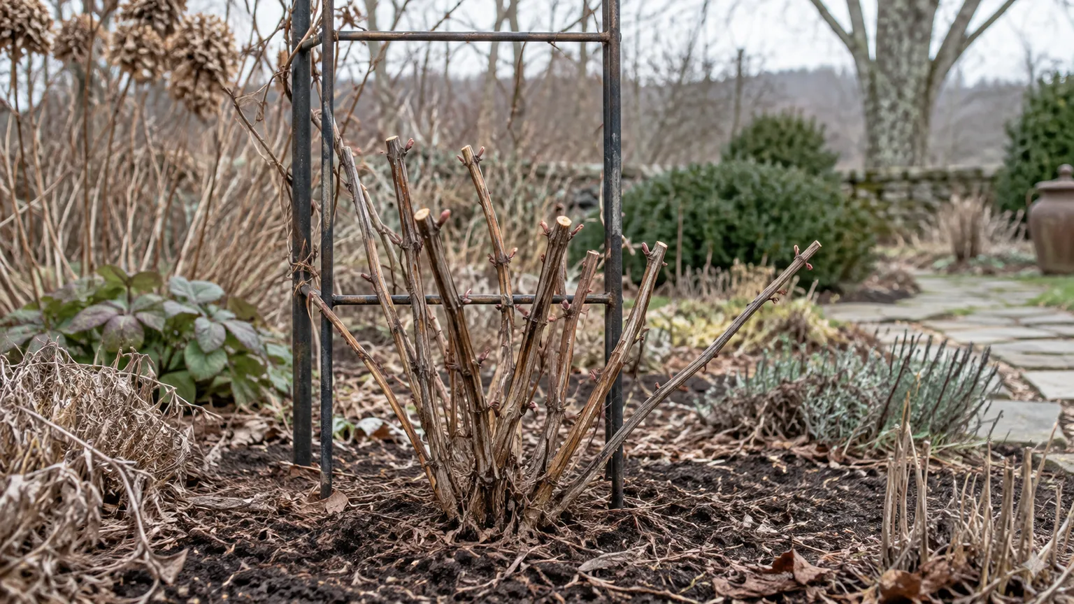 A dormant clematis pruned low before spring growth, illustrating the cut used for Group 3 types.