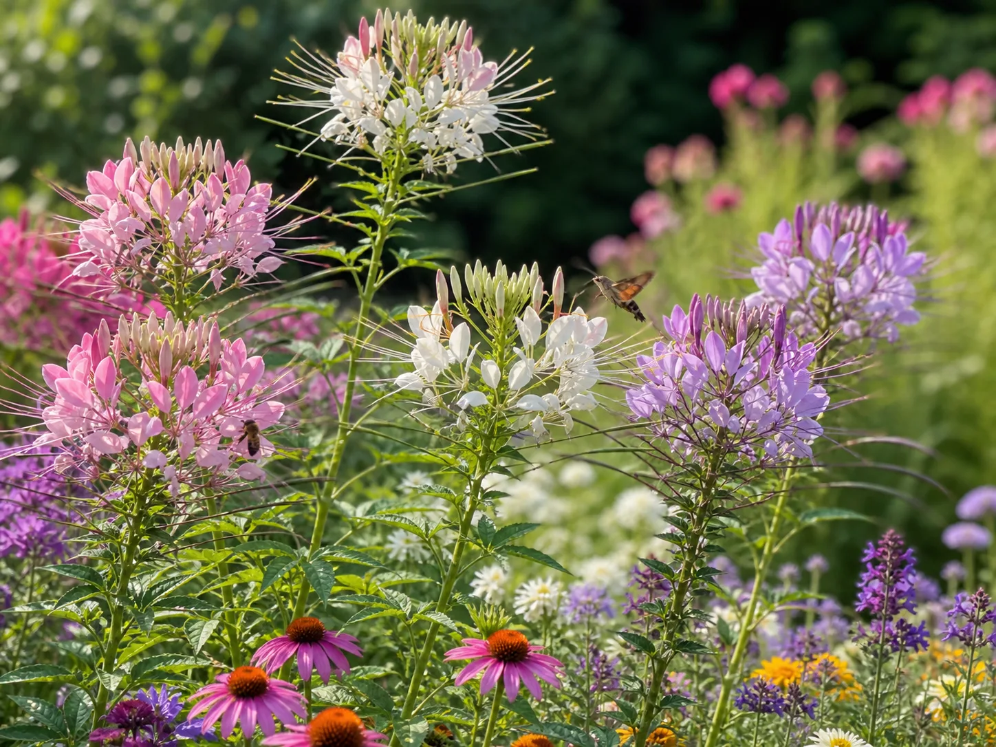 Flowering cleome growing among colorful companion flowers in a sunny border with a visiting hummingbird moth
