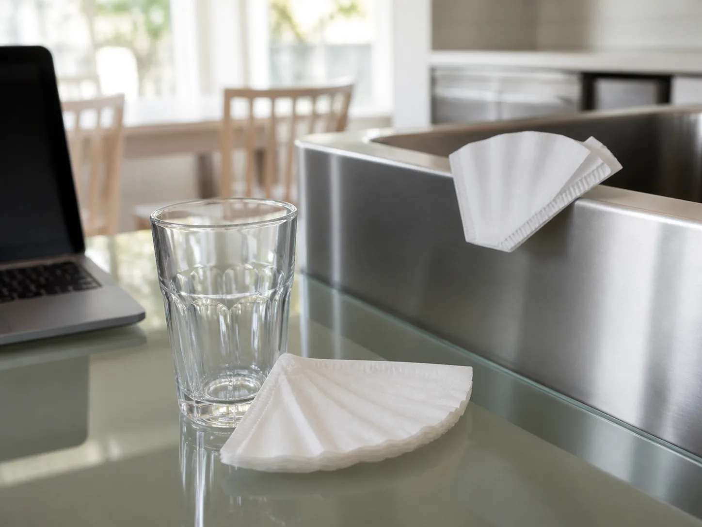 Plain coffee filters beside clean glassware and a brushed stainless-steel surface