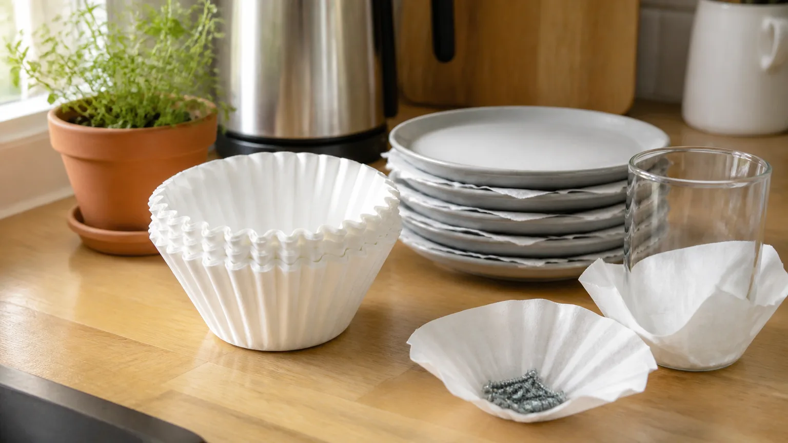 Paper coffee filters arranged with dishes, glassware, a potted herb, and small hardware on a kitchen counter