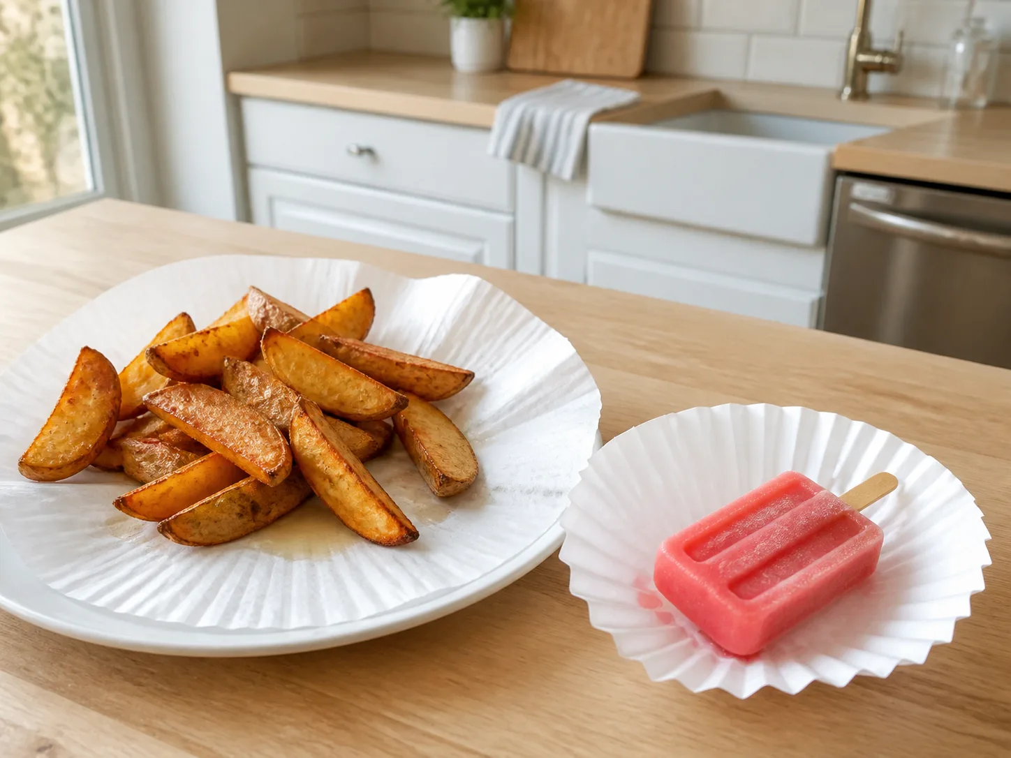 Coffee filters catching surface grease from potato wedges and drips from an ice pop