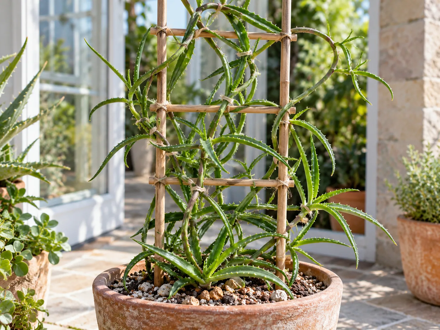 A potted climbing aloe trained onto an upright trellis with loose ties