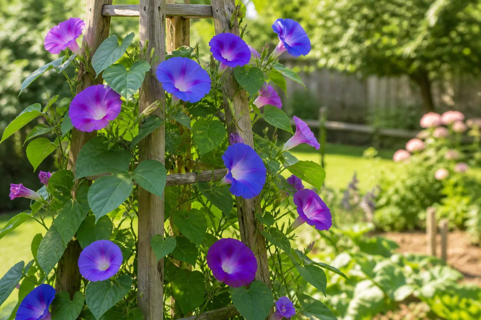 Purple trumpet-shaped morning glory flowers climbing a simple garden obelisk trellis