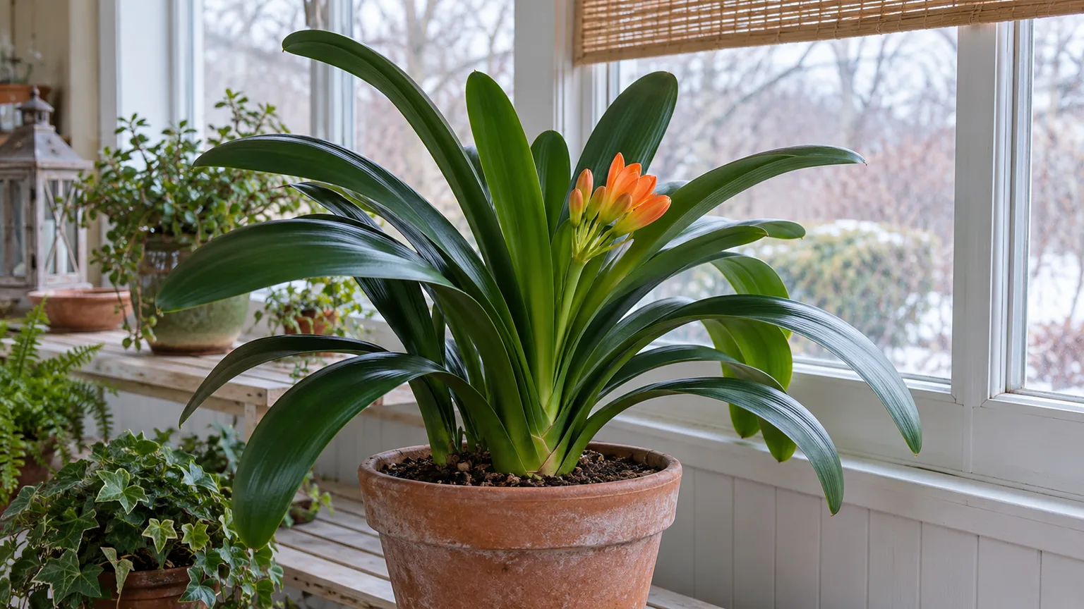 Clivia resting in a bright, cool, frost-free porch before its next flowering cycle