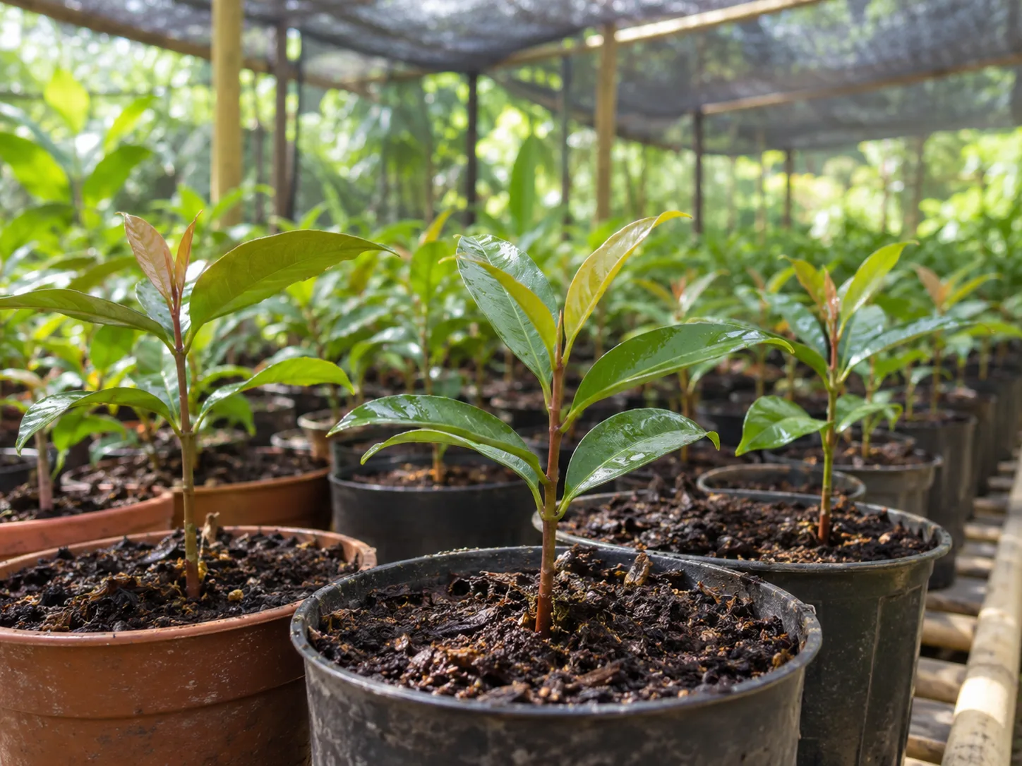 Young clove seedlings growing in individual pots under filtered nursery light.