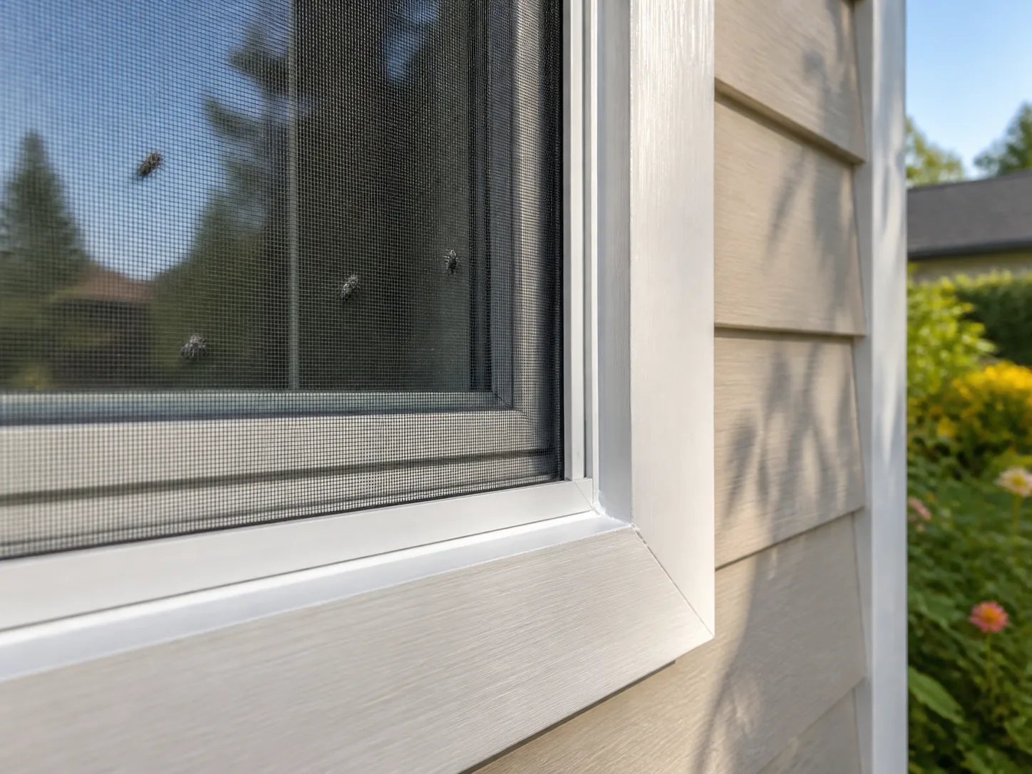 Fitted window screen and sealed exterior trim on a sun-facing home