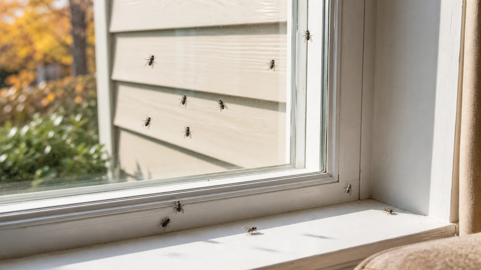 Cluster flies gathering on a sunlit home window in autumn