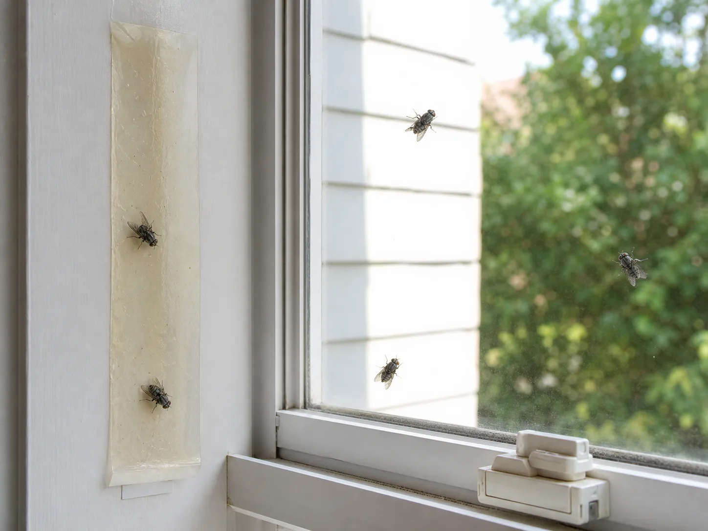 Sticky fly strip beside a window catching cluster flies