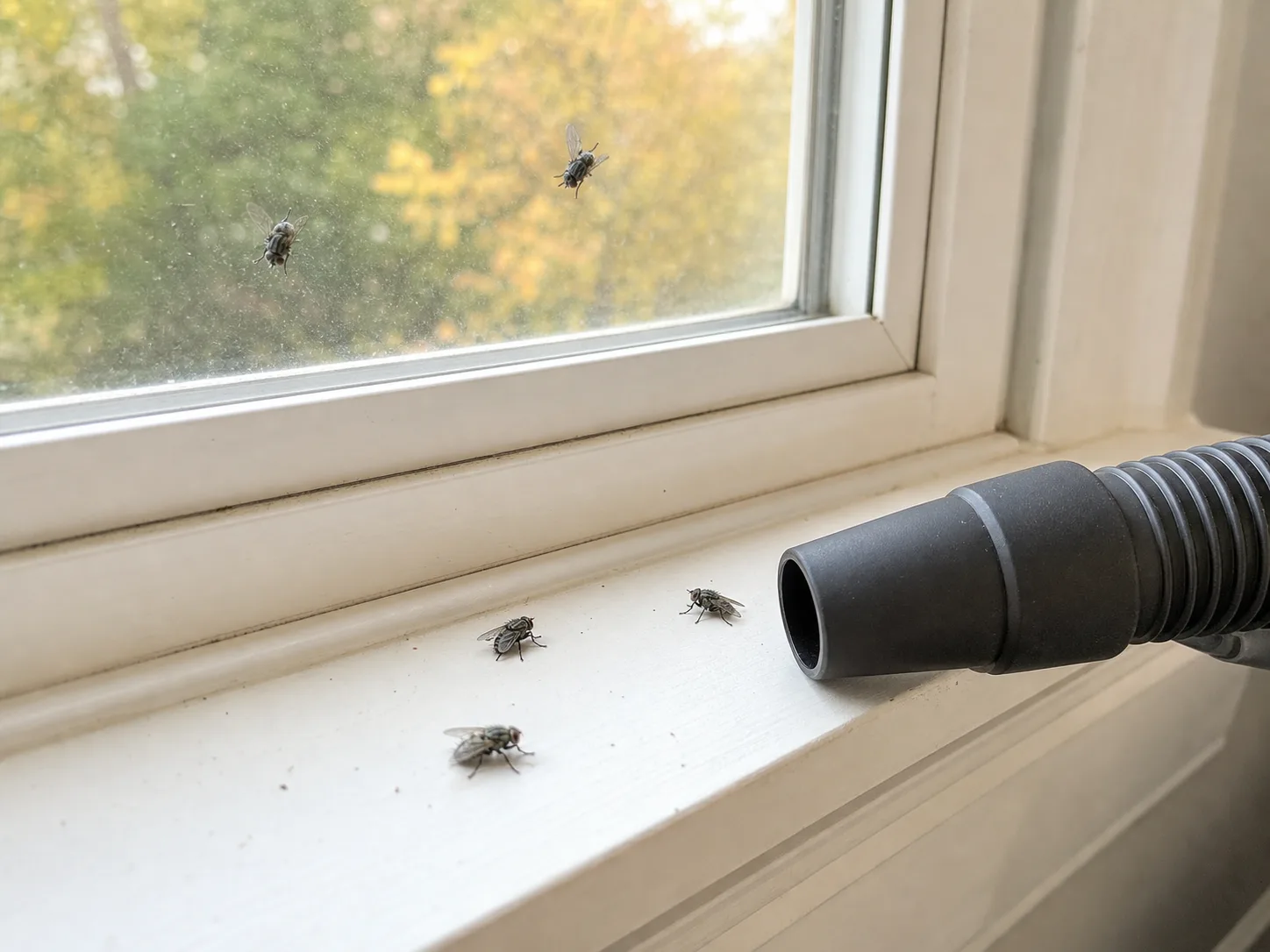 Vacuum hose removing cluster flies from a sunlit windowsill