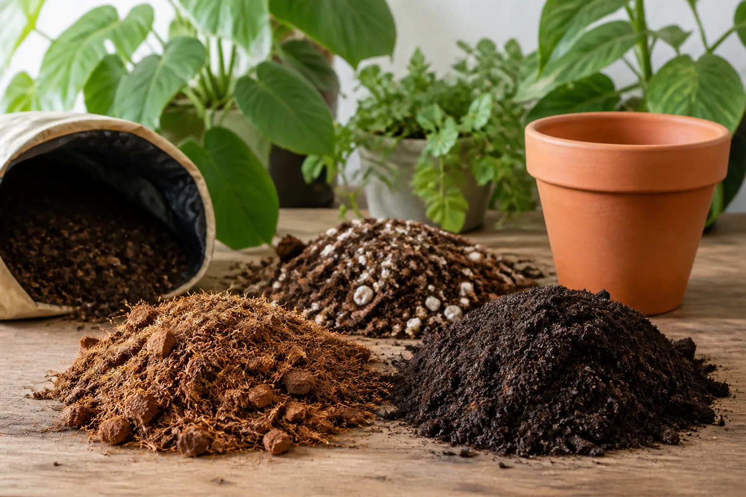 Brown coco coir bricks and dark peat moss beside a chunky houseplant potting mix