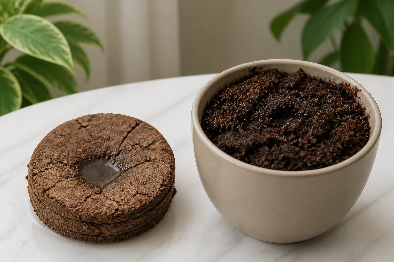 Dry hydrophobic peat puck beside a rewetted moist peat mix in a pot