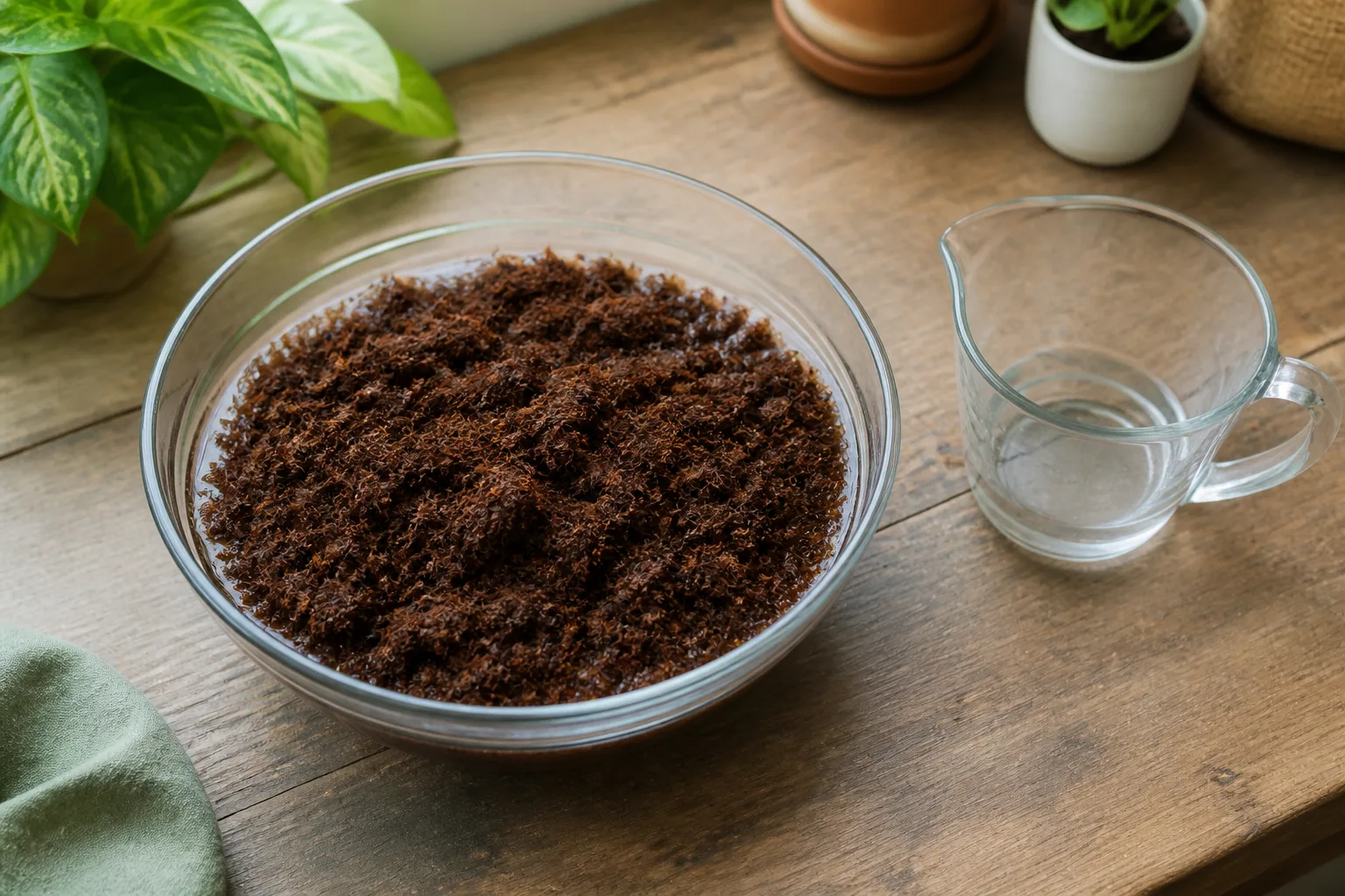 Rinsing expanded coco coir in a basin before mixing into potting media