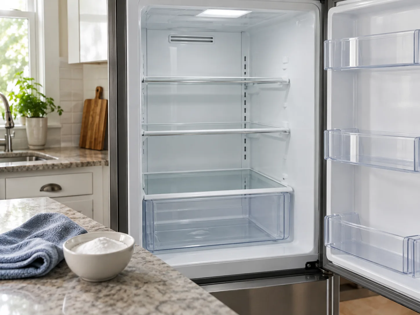 Clean empty refrigerator with shelves and door gasket ready for an odor-reset cleaning