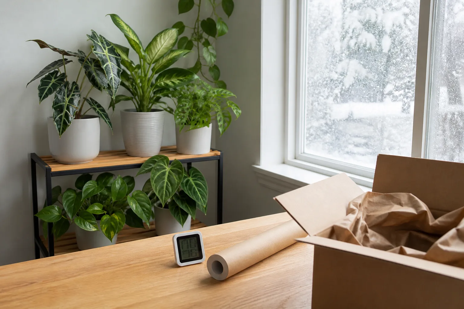 Houseplants pulled back from a cold winter window with space between foliage and glass