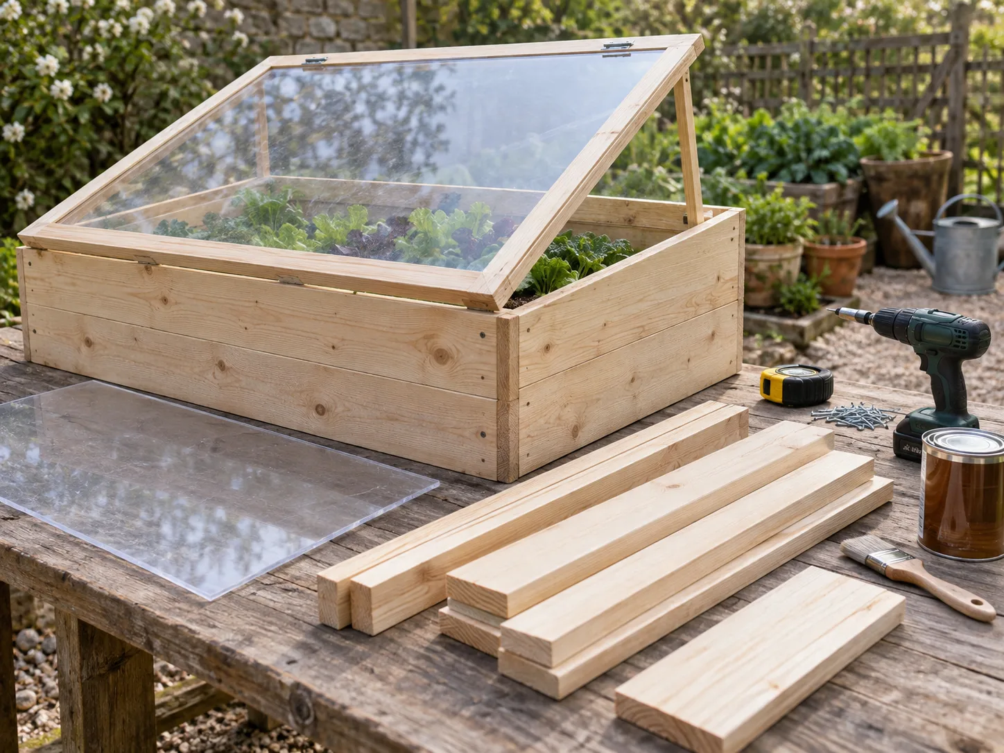 DIY cold frame with a sloping clear lid and materials arranged on a garden workbench