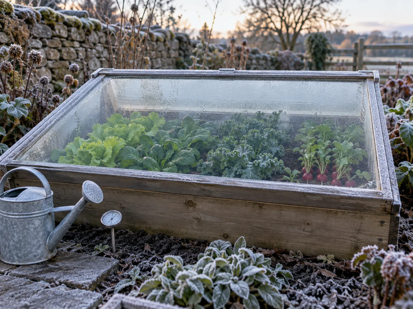 Frosty cold frame protecting lettuce, spinach, kale, and radishes for winter harvest