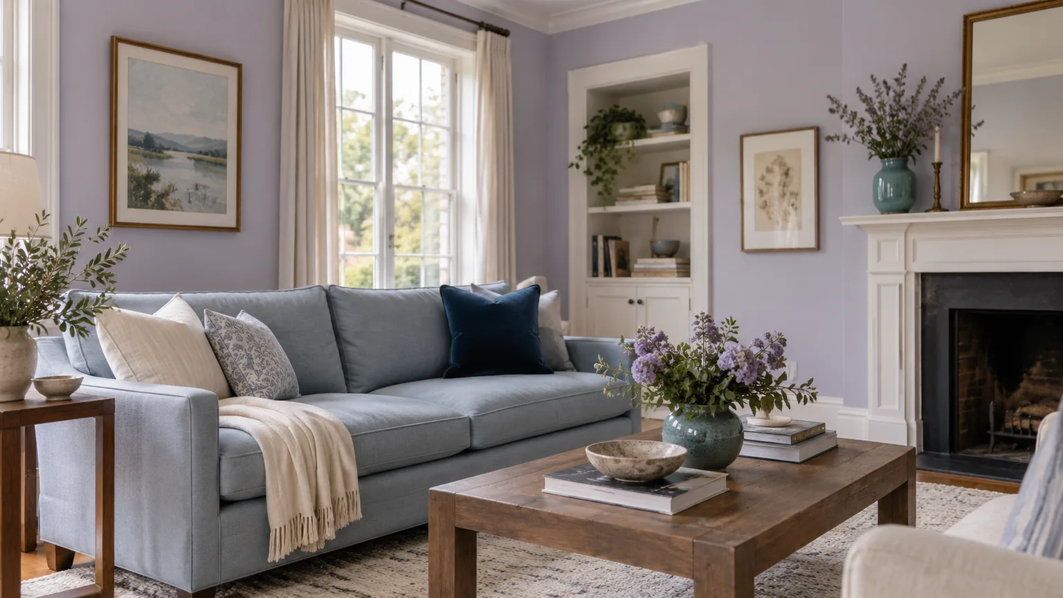 Cool lavender walls with blue-gray upholstery, navy accents, and a muted teal vase