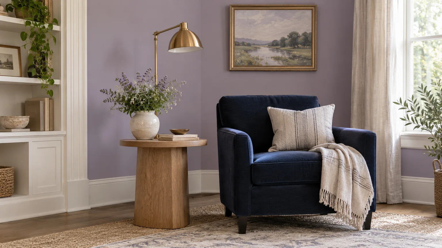 Muted lavender sitting room with navy upholstery, warm white textiles, wood, and brass accents