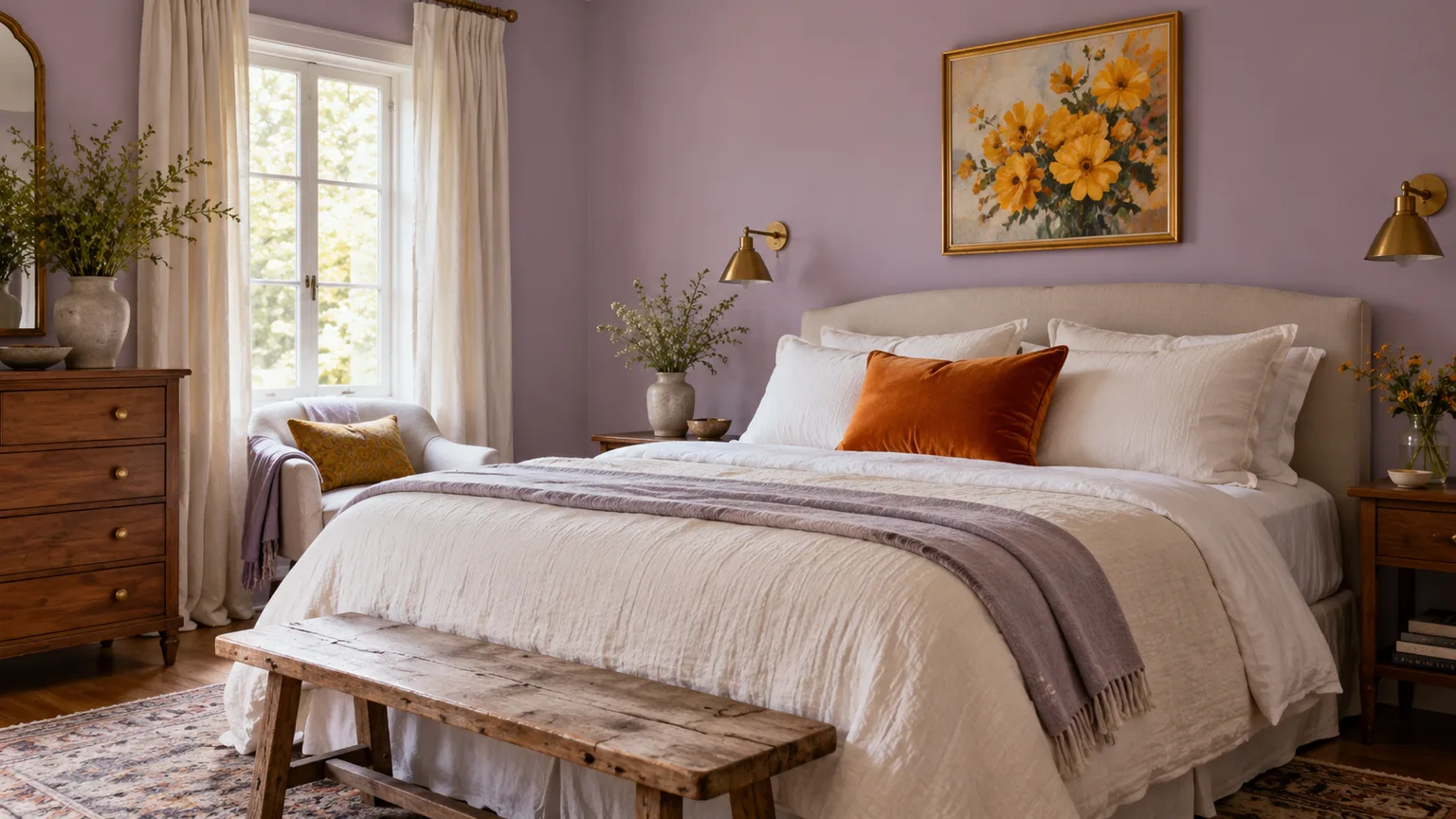 Soft lavender bedroom with restrained rust-orange and marigold accents against warm white bedding