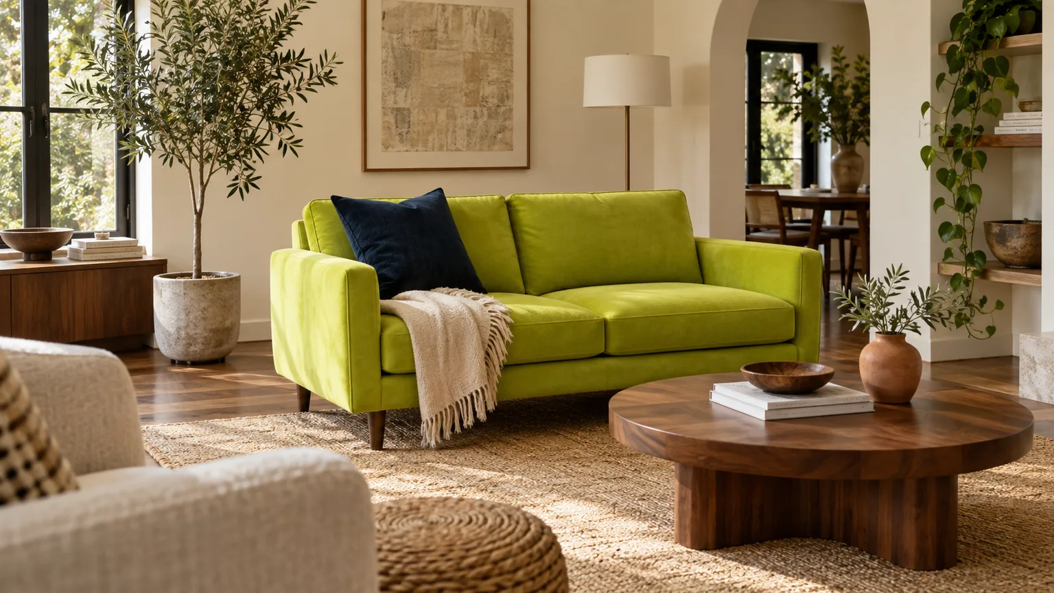 Lime-green sofa paired with warm ivory walls, walnut furniture, and a navy accent pillow