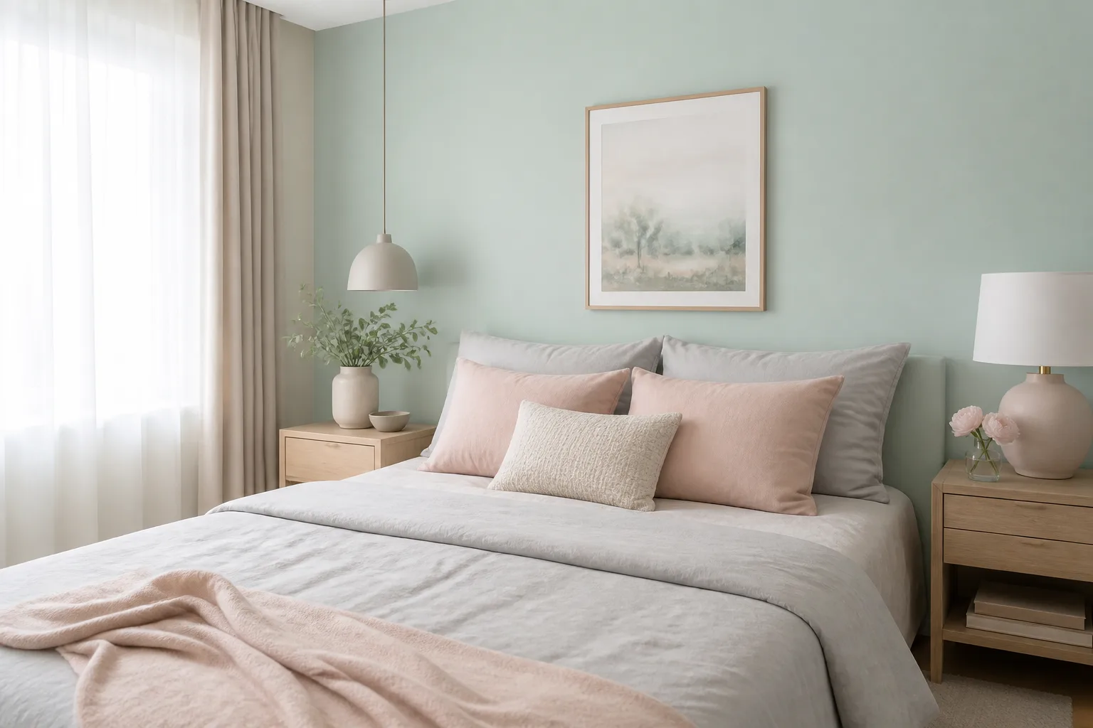 Bedroom with mint green headboard wall, gray bedding, blush pink accent pillows, and blonde wood nightstands