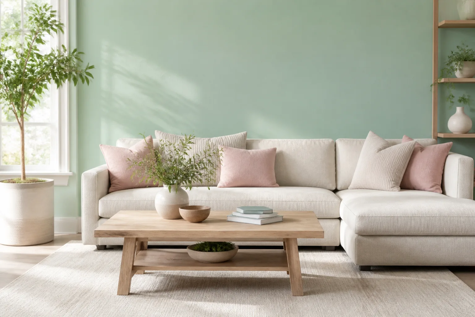 Living room with mint green accent wall, cream sofa, blonde wood coffee table, and blush pink throw pillows