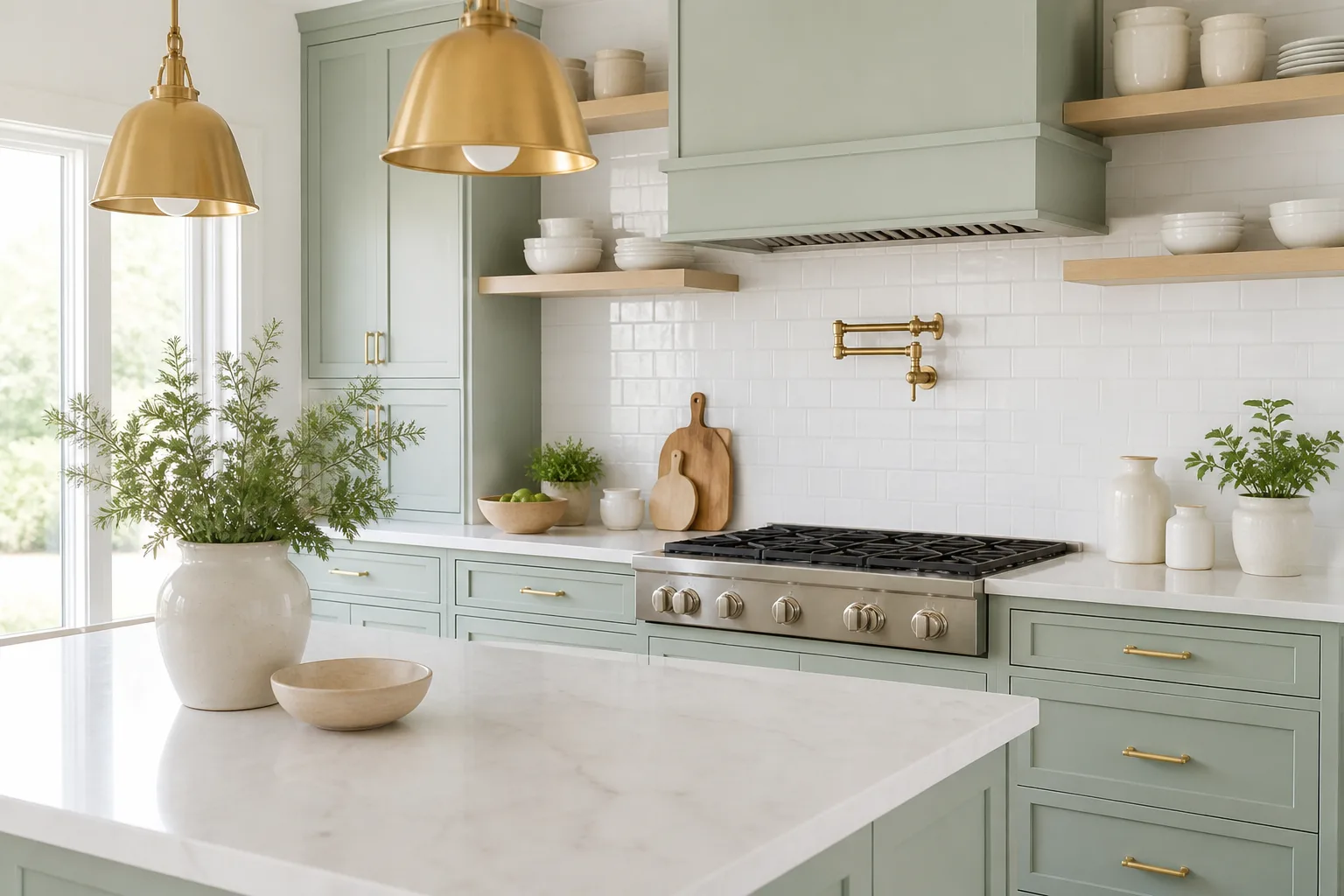 Mint green kitchen cabinetry with white backsplash, blonde wood shelving, and brushed gold pendant lights