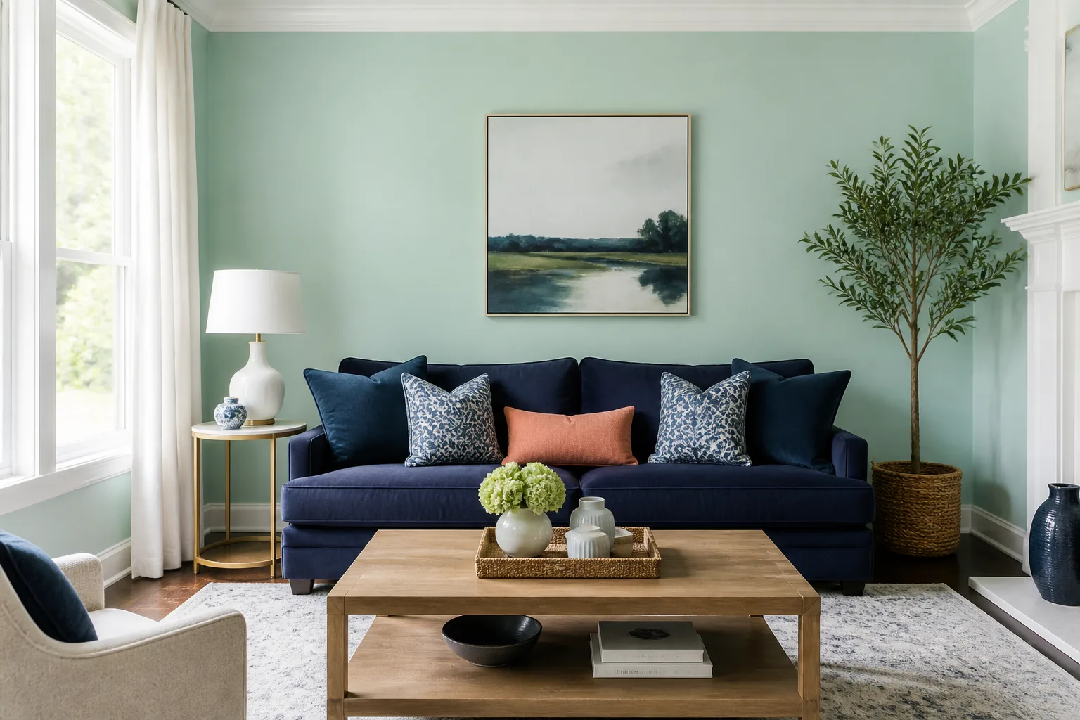 Living room with mint green accent wall, navy blue sofa, natural wood coffee table, and coral throw pillow