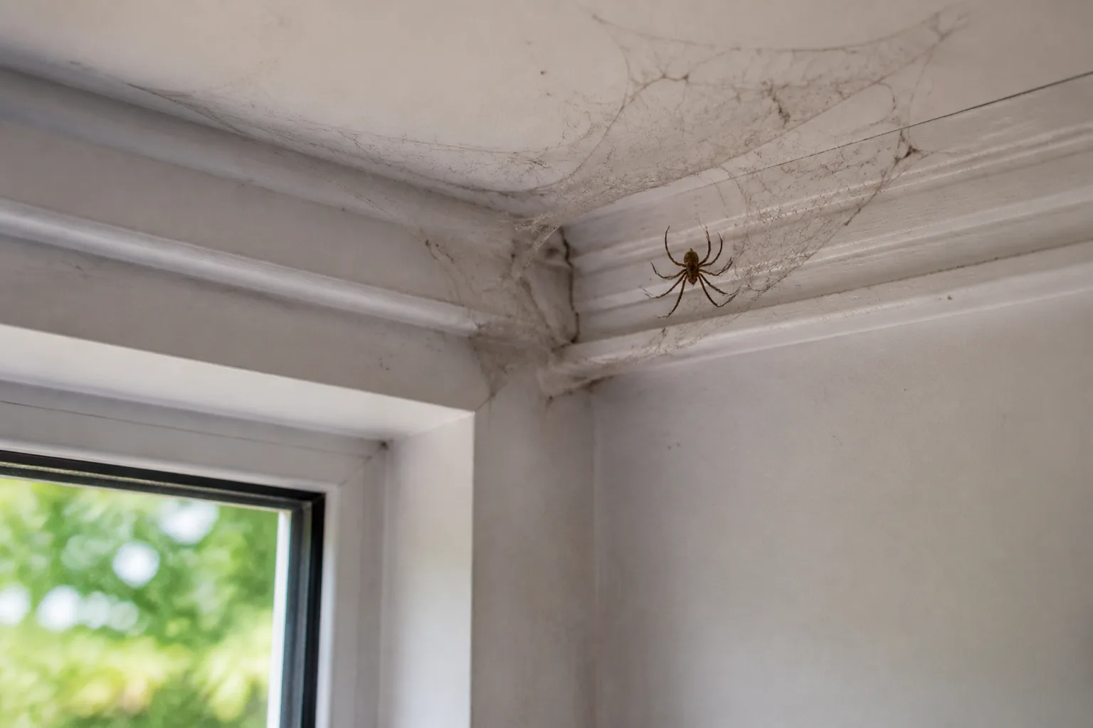 Dusty cobweb with a small brown house spider in a bright indoor ceiling corner