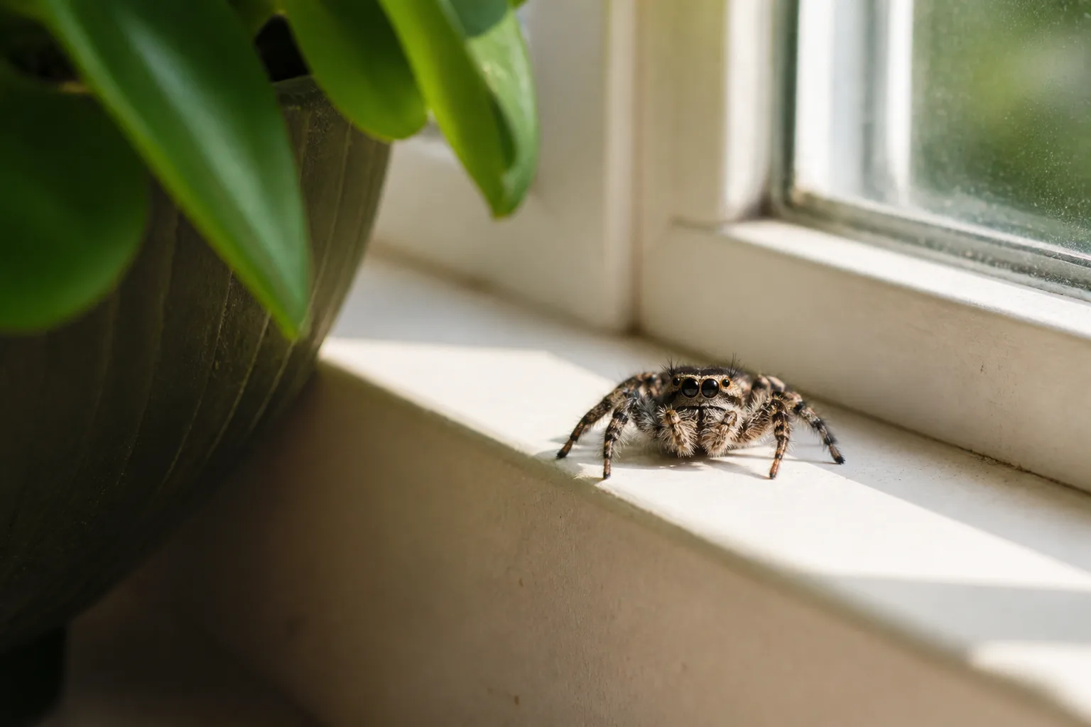 Small fuzzy jumping spider with large front eyes on a sunny indoor windowsill