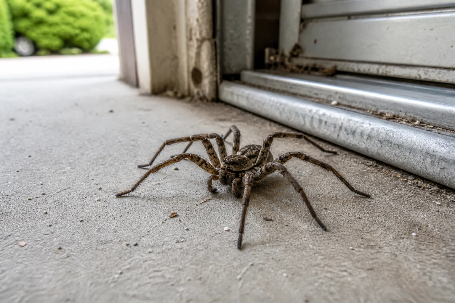 Large hairy brown wolf spider on a concrete garage floor near a door track