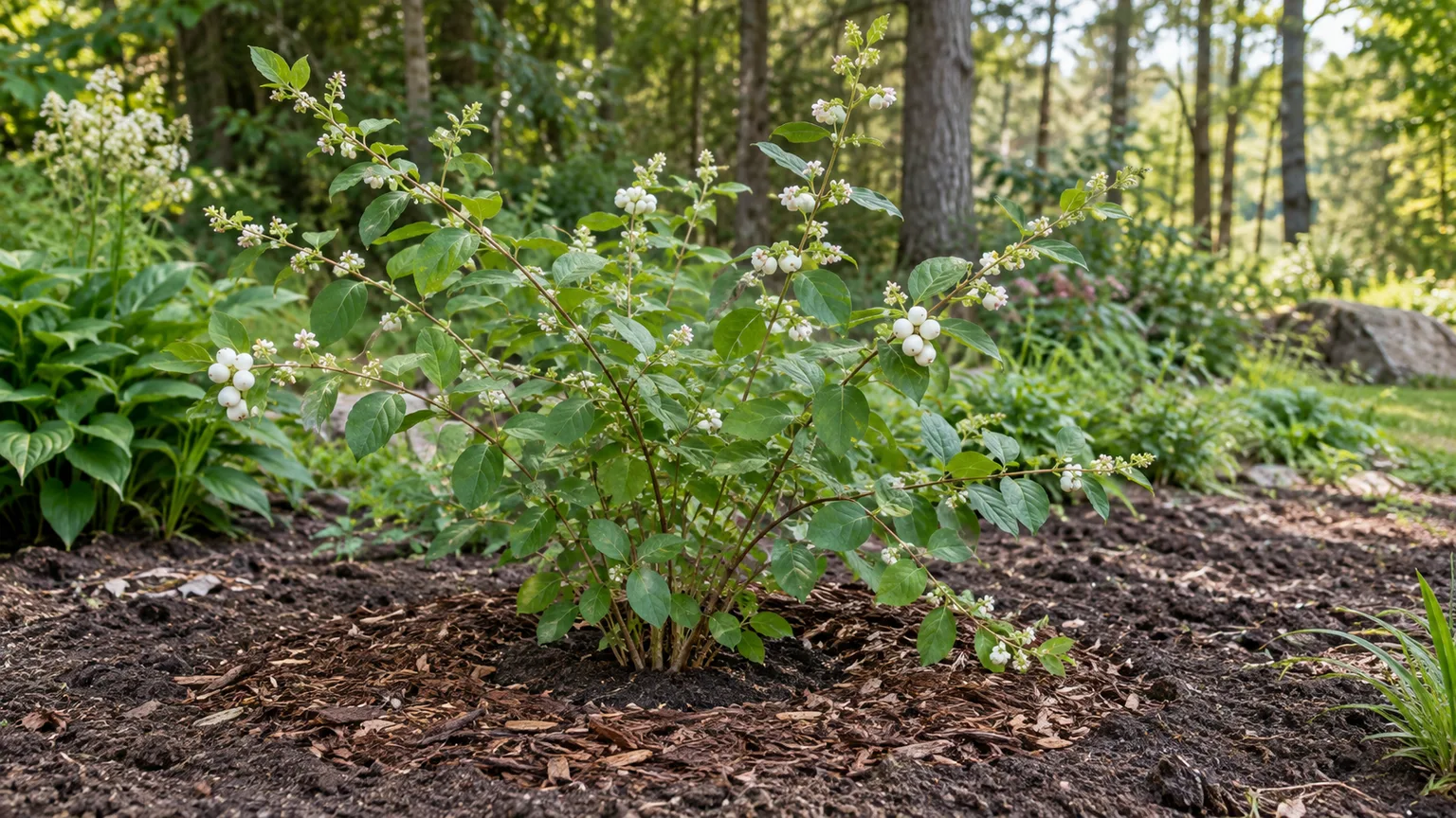 Healthy common snowberry established in a spacious, mulched garden border