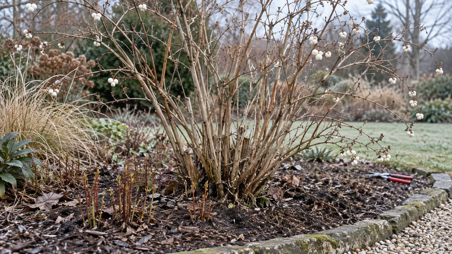 Common snowberry showing open winter structure and young suckers at the bed edge