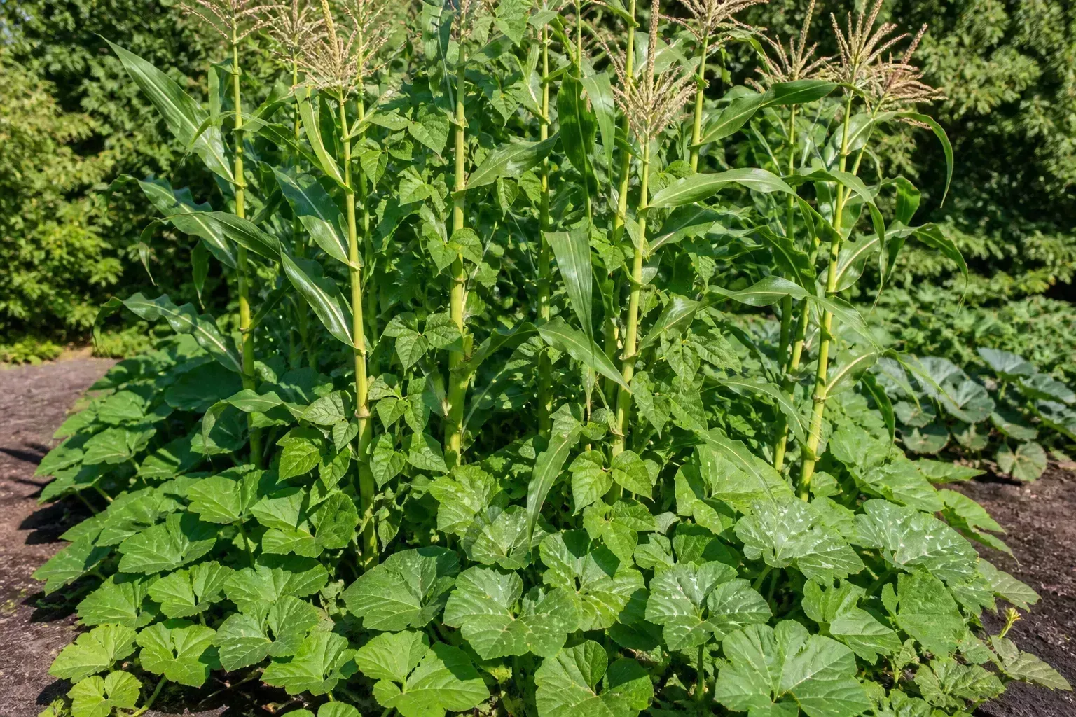 Mixed vegetable garden with corn, beans, and squash planted together in a companion layout