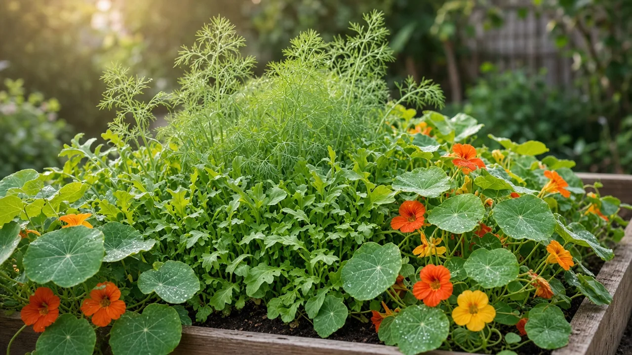 Mixed raised garden bed with leafy greens, nasturtiums, and marigolds