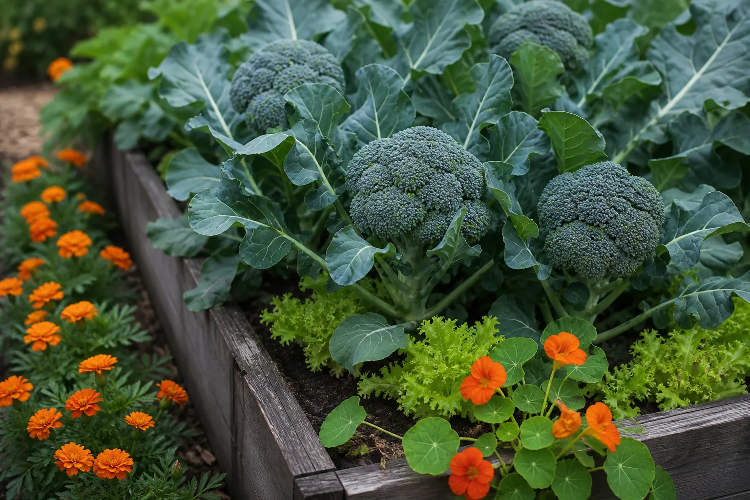 Raised garden bed with broccoli heads, nasturtiums, marigolds, and lettuce growing as companion plants
