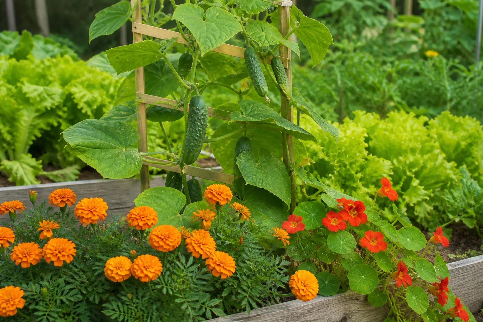 Trellised cucumber vines with green fruit and companion flowers in a sunny summer vegetable garden bed