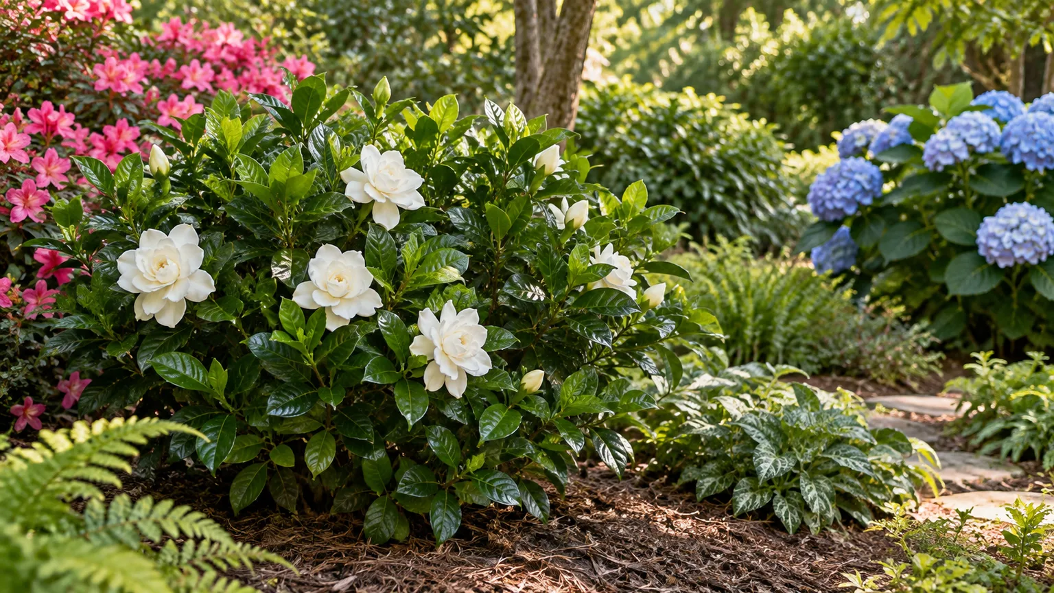 Gardenia shrub flowering beside azalea and hydrangea in a sheltered garden bed