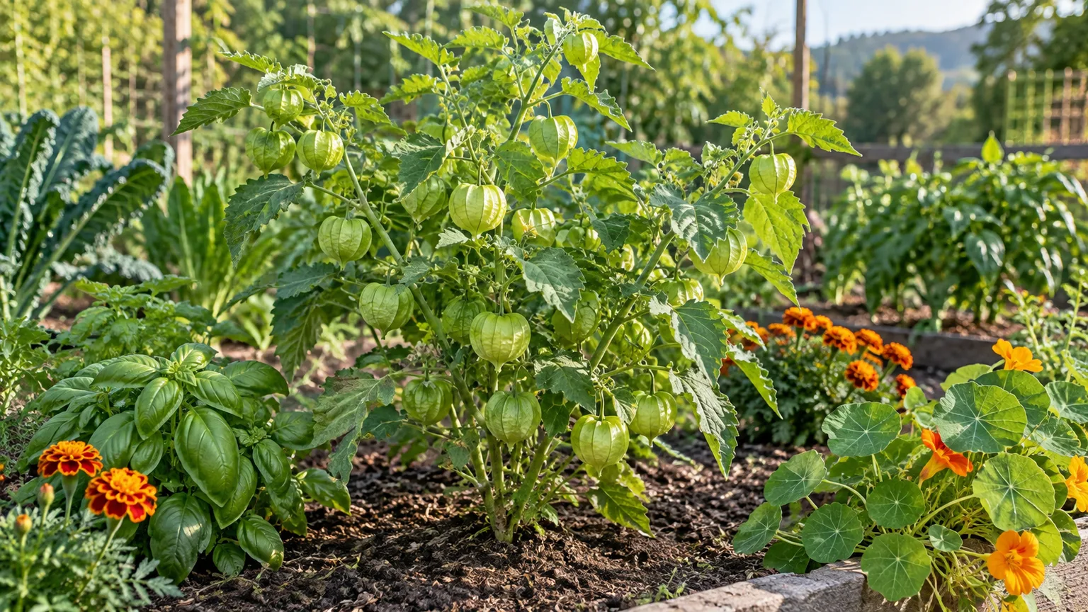 Tomatillo plant with green husked fruit growing beside basil, marigolds, and nasturtiums in a garden bed