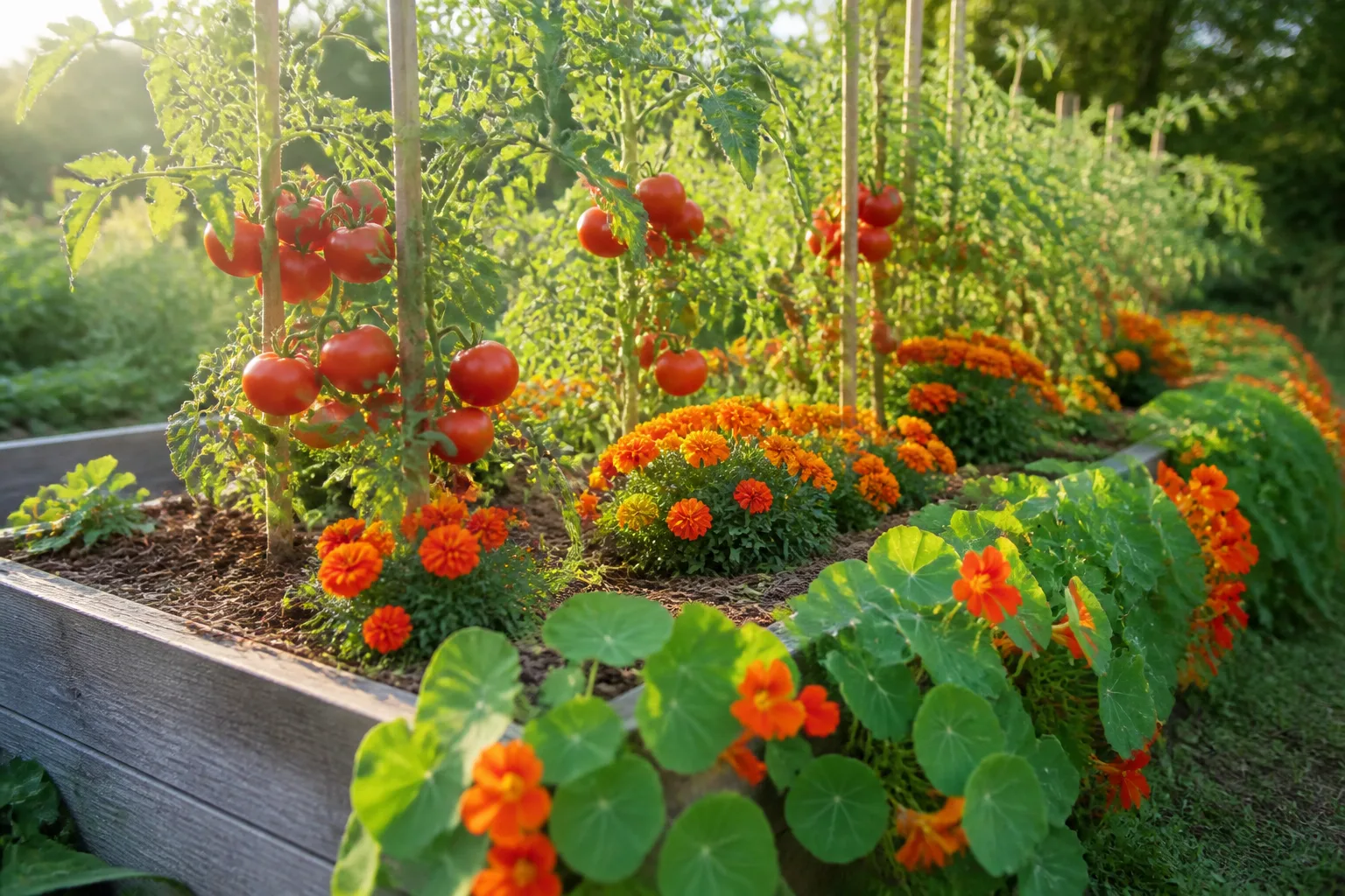 Sunny raised bed with staked tomato plants interplanted with orange French marigolds and nasturtiums along the row edge