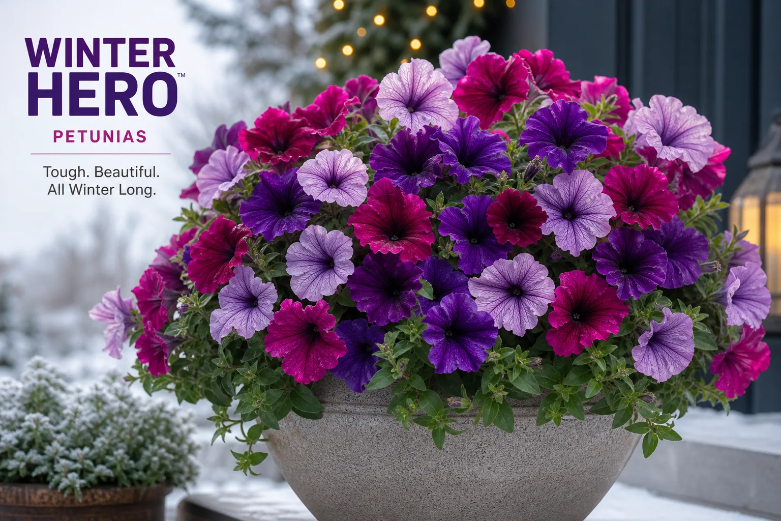 Purple trailing petunias in a hanging basket on a frost-nipped patio railing after an overnight chill