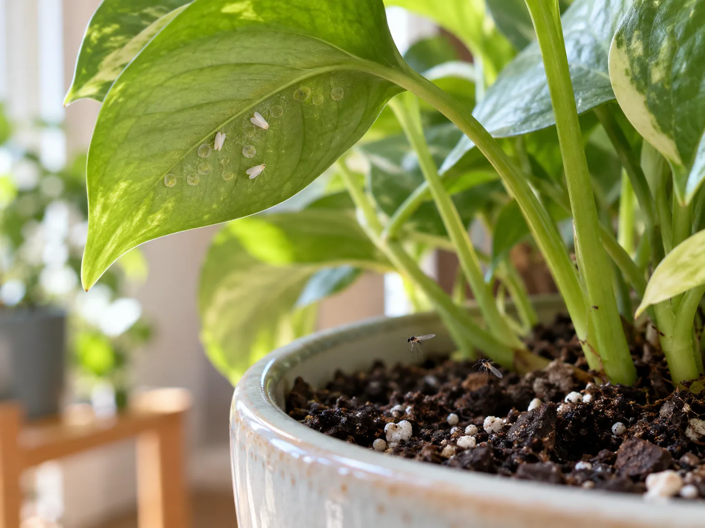 Pale whiteflies on a leaf underside and dark fungus gnats hovering near the potting mix
