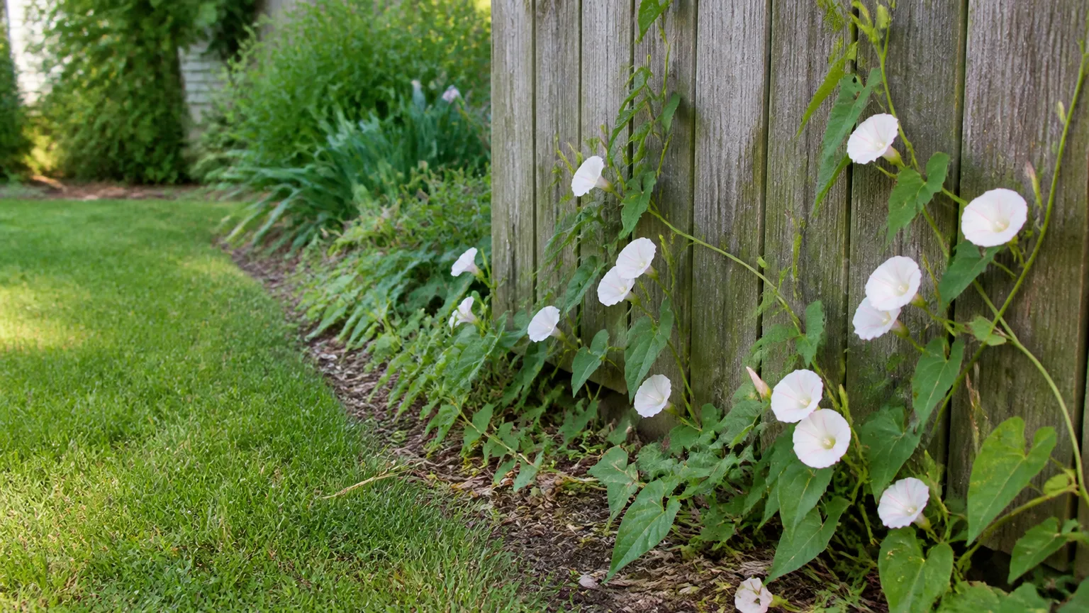 Field bindweed with white flowers twining along a backyard fence beside a lawn