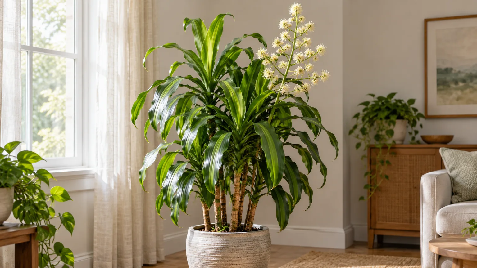 Mature Dracaena fragrans with a branching flower stalk above its foliage