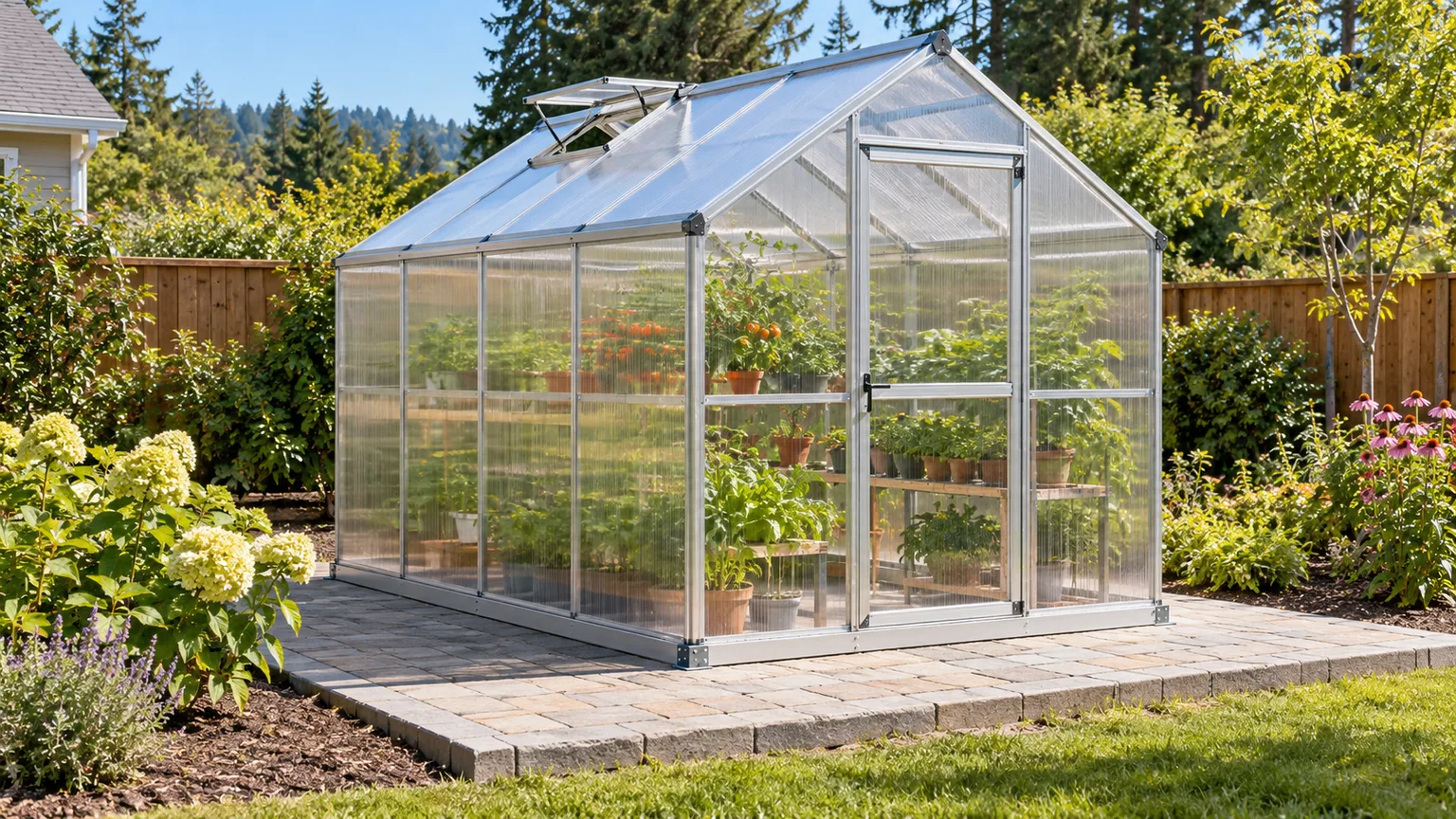 A compact clear-panel greenhouse sits squarely on a level paved foundation.