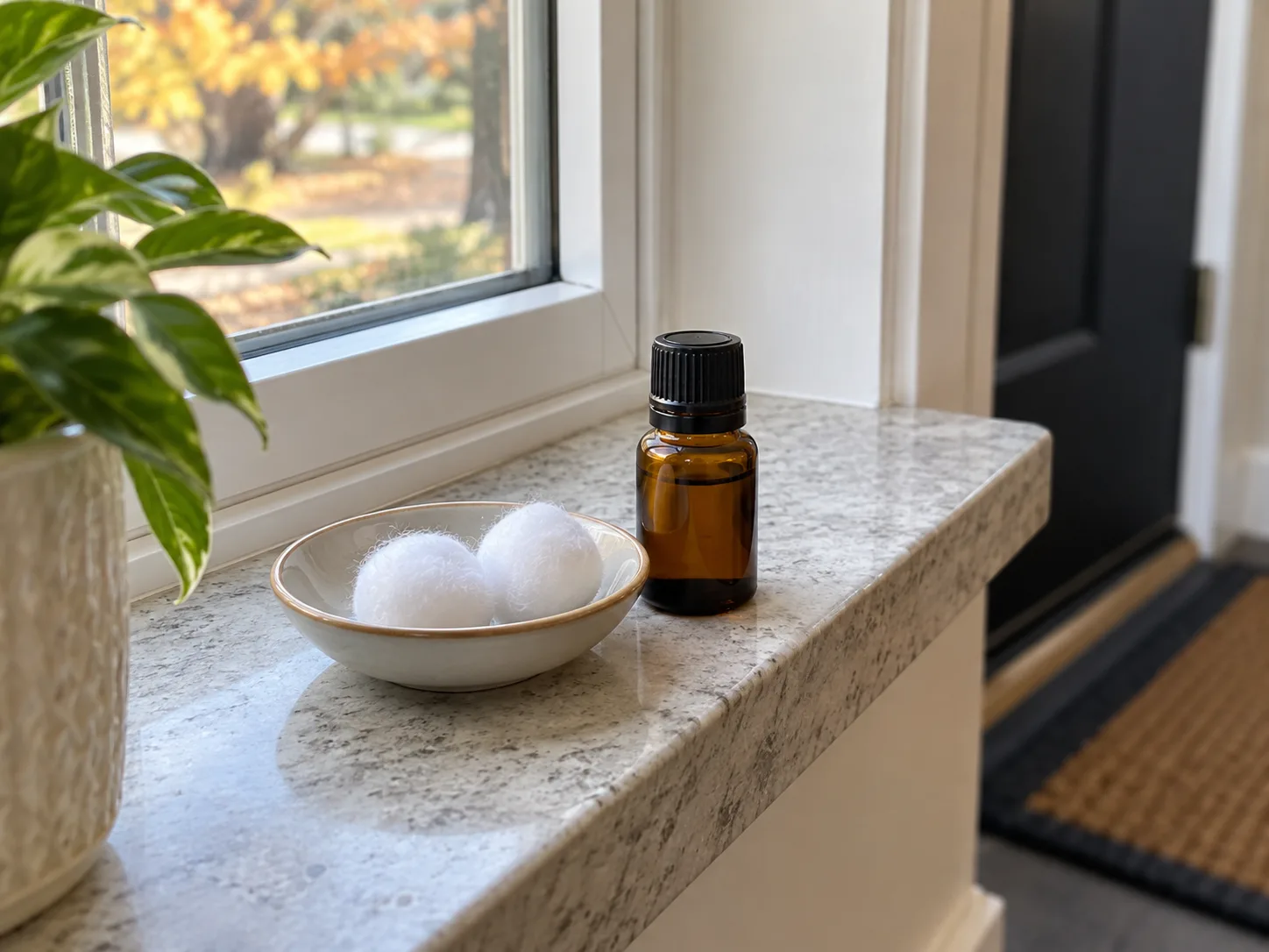 A small dish with cotton balls and an essential-oil bottle on an entryway sill