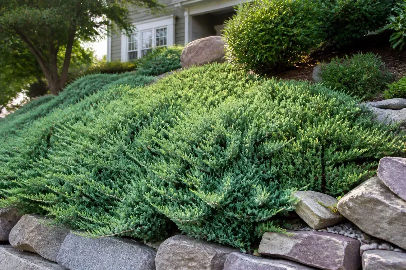 Low spreading creeping juniper ground cover with blue-green evergreen foliage on a sunny rocky slope
